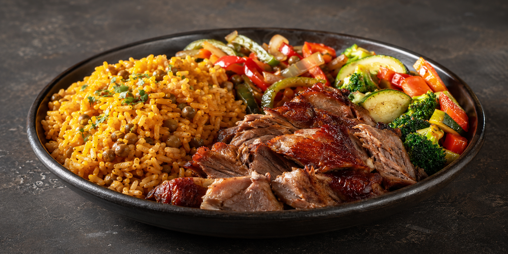 Acruz hot and ready plate with yellow rice, roasted meat, and vegetables