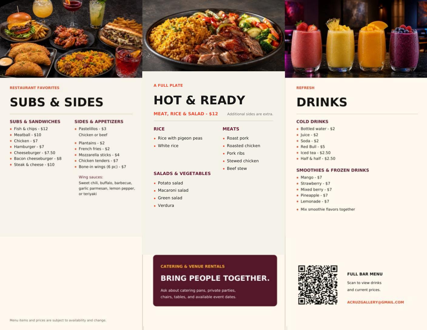 Inside of the Acruz tri-fold brochure with food, hot and ready meals, drinks, and smoothies