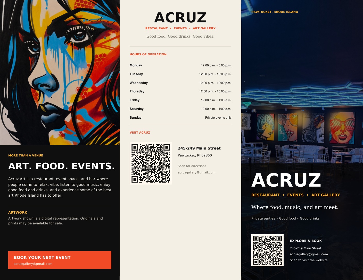 Outside of the Acruz tri-fold brochure with the fold-in flap, back panel, and front cover